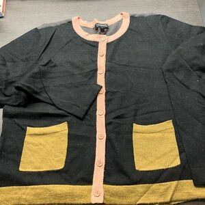 Colorblock Cardigan Sweater - Black, Pink, and Gold, Sheer back.